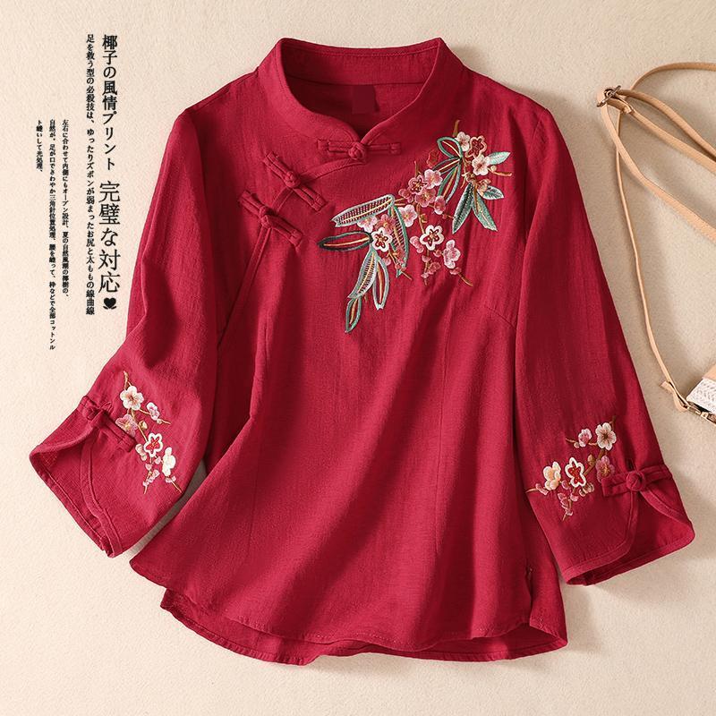 ใหม่ เสื้อท็อป แขน 3/4 คอตั้ง ปักลาย สไตล์จีน ทรงหลวม ขนาดใหญ่