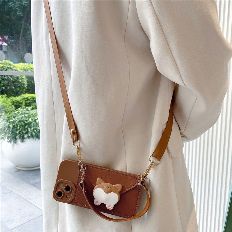 การ์ตูนcrossbody Lanyardสร้อยคอสายคล้องผู้ถือบัตรสุนัขButt PatchสําหรับiPhone 14 15 11 12 13 Pro MAX XR XS MAX 7 8 Plusกระเป๋าเหรียญ