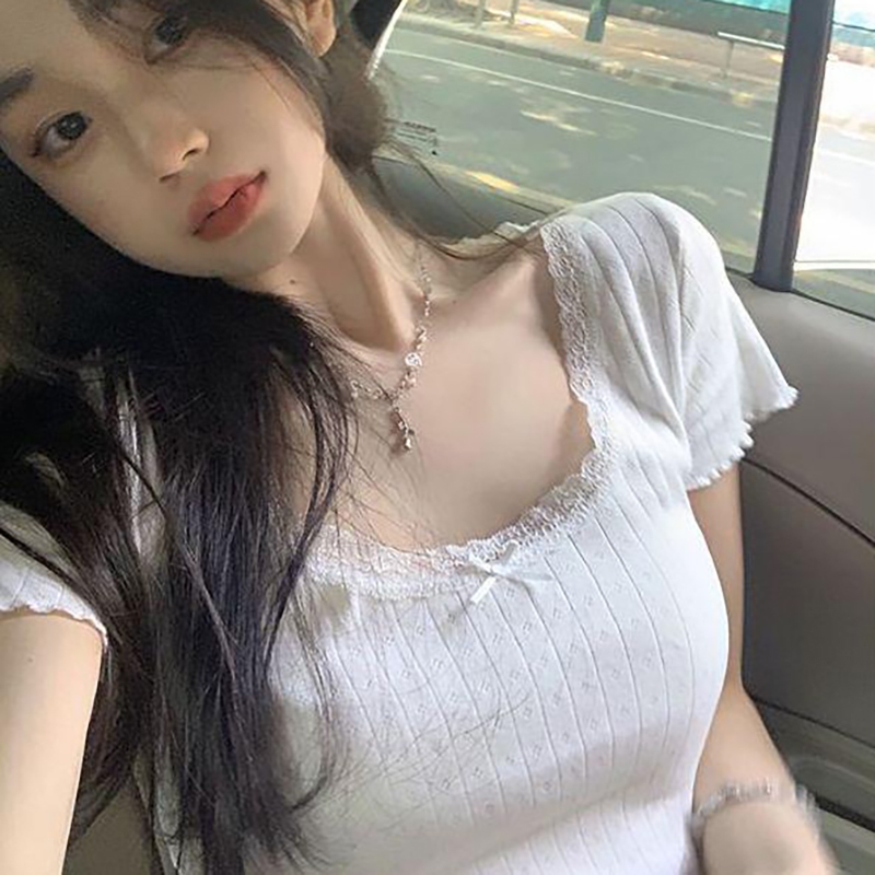Gjcute เสื้อครอปท็อป แขนสั้น คอสี่เหลี่ยม ประดับโบว์ ลูกไม้ สไตล์เกาหลี ฤดูร้อน สําหรับผู้หญิง WTD