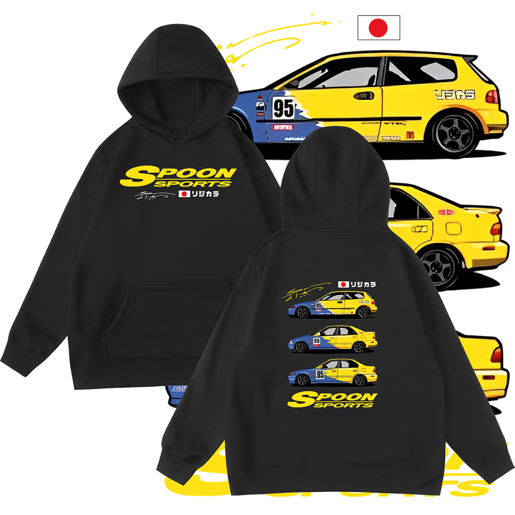 Honda Civic Spoon SportsEG EK ESI JDM Japan Car Automotive เสื้อฮู้ดแขนยาว ANYTEEเสื้อฮู้ดแขนยาวพิมพ์ลายรถสีดำเรียบง่ายดูดี