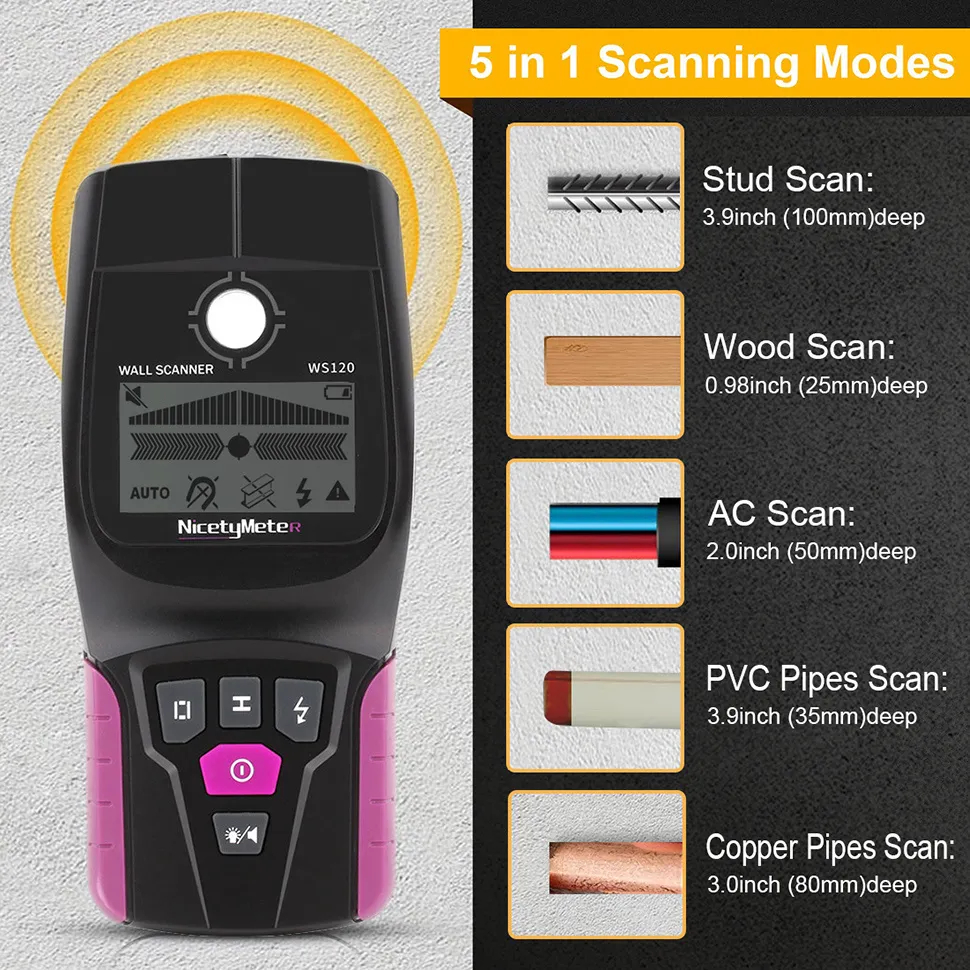 Ws120 Stud เครื่องตรวจจับโลหะเครื่องสแกนเนอร์ผนังสาย AC เครื่องค้นหาไม้ประปา