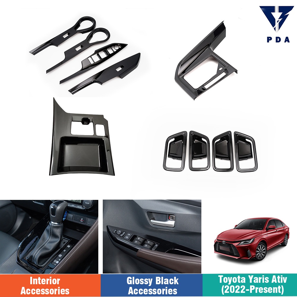 Toyota Yaris Ativ (2022-ปัจจุบัน)ฝาครอบสวิตซ์กระจกหน้าต่างสีดำเงา ครอบมือเปิดประตู อุปกรณ์ตกแต่งภายใน