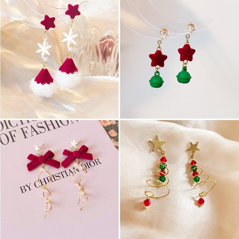 【Merry Christmas】ต่างหูระย้า จี้เกล็ดหิมะ ประดับพู่ ไม่สมมาตร เครื่องประดับ สําหรับผู้หญิง วันหยุด คริสต์มาส