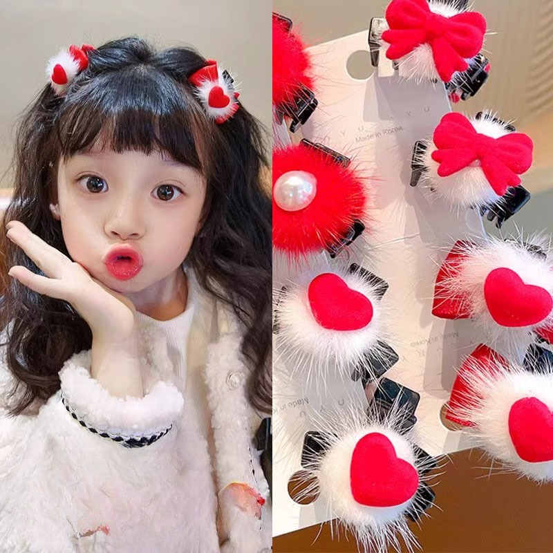 กิ๊บติดผม ประดับขนมิงค์ สีแดง เครื่องประดับ สําหรับเด็กผู้หญิง จํานวน 1 ชิ้น