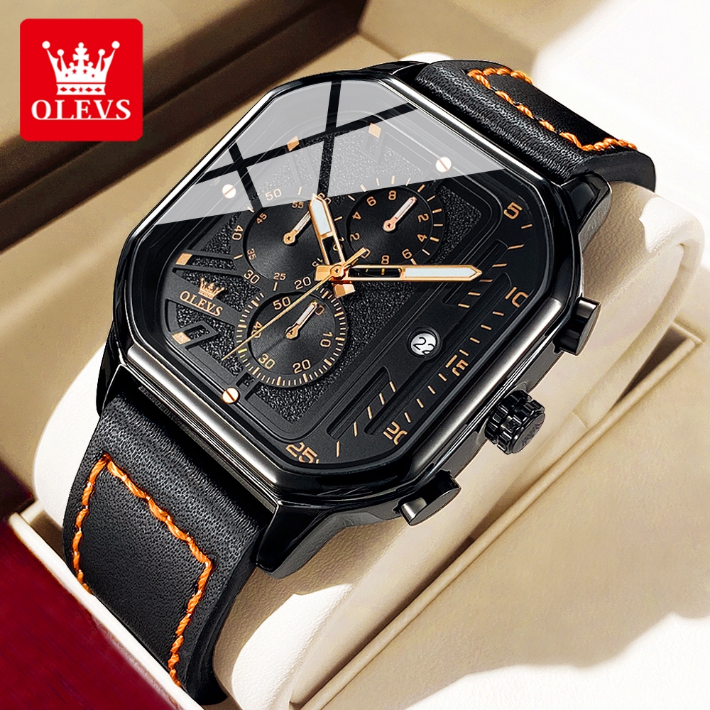 OLEVS นาฬิกาผู้ชาย กันน้ำ 100% ส่องสว่าง ดูวันที่ โครโนกราฟ ทนทาน สายหนัง สไตล์นักธุรกิจ นาฬิกาชาย ของขวัญวันเกิดผู้ชาย นาฬิกาข้อมือผู้ชาย 9950