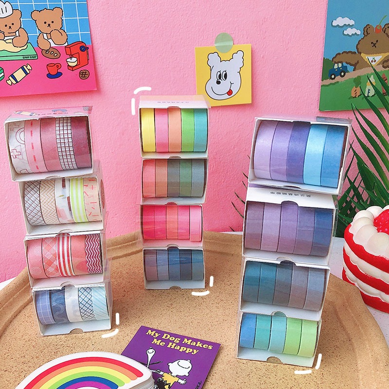 เทปวาชิ สีพื้น สําหรับตกแต่งสมุดไดอารี่ 5 ม้วน / กล่อง 10m