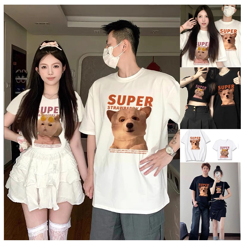 Hotgirl พร้อมส่งจากกทม Y2K เสื้อยืดคู่รัก เสื้อยืดแขนสั้นแฟชั่นคอกลมสไตล์เกาหลี ลายการ์ตูนแมวและสุนัข เสื้อยืดคู่รักน่ารักมาก