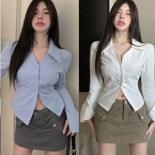 Rommers ใหม่ เสื้อเชิ้ต แขนยาว สีพื้น เอวลอย แฟชั่นฤดูใบไม้ผลิ สําหรับผู้หญิง