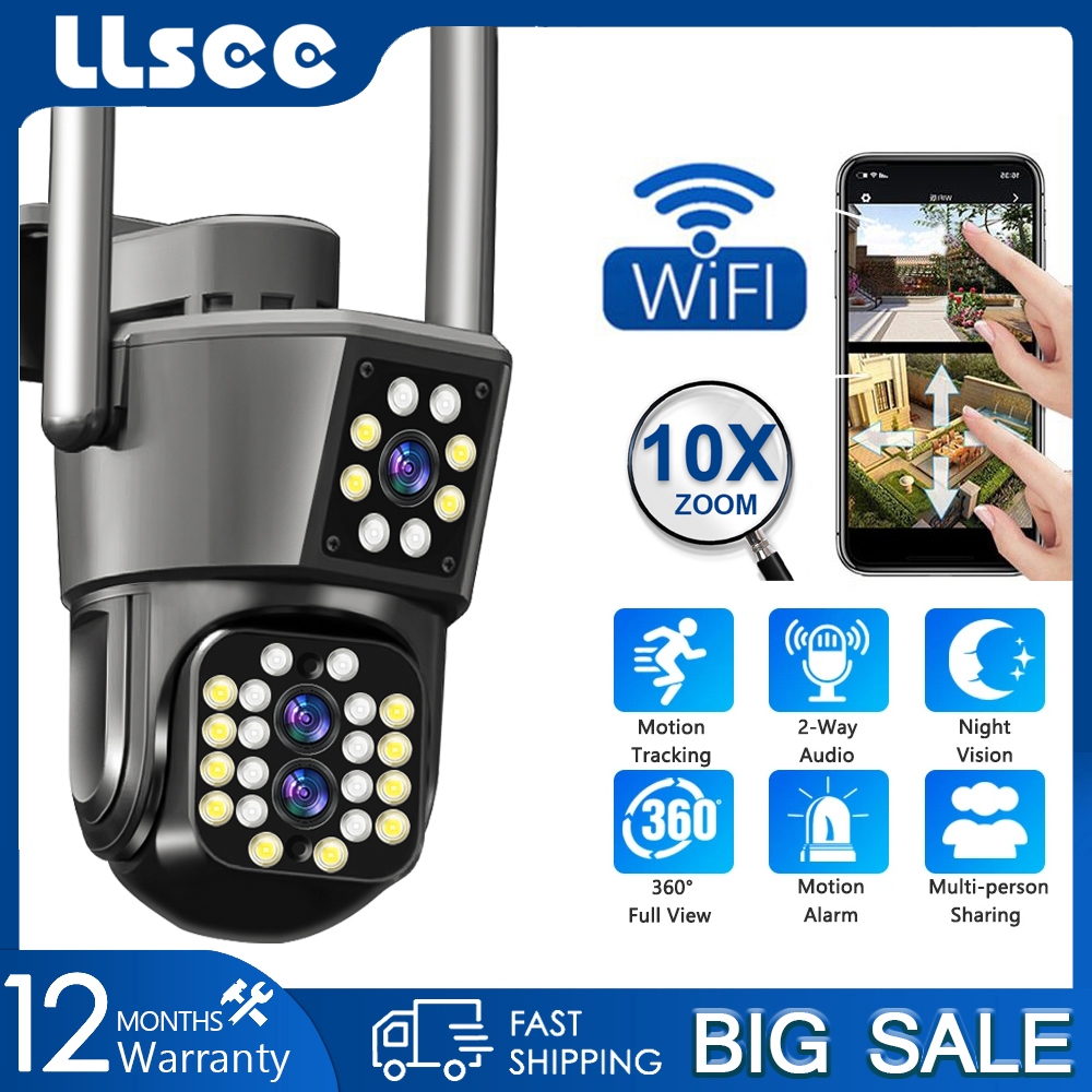 LLSEE 12MP 4K, ออพติคอลซูม 10X, 3 เลนส์กล้องวงจรปิดไร้สาย 360 WIFI PTZ กล้องวงจรปิดกลางแจ้งการติดตาม