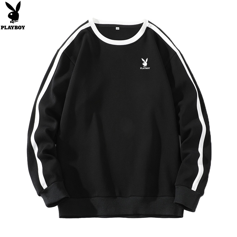 PLAYBOY เสื้อยืดคอกลมแขนยาวสีทึบเสื้อกันหนาวสำหรับผู้ชาย