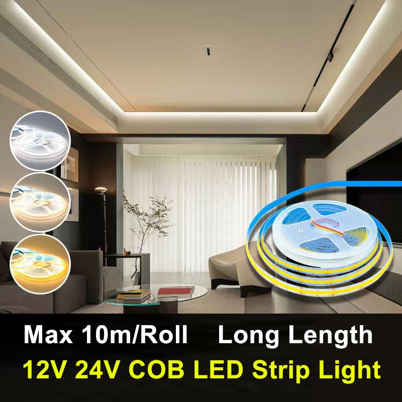 สายไฟ LED COB 12V 24V 320 ดวง ความหนาแน่นสูง สีขาว 3000K 4000K 6000K ยาว 10 ม. ต่อม้วน สําหรับห้องครัว สํานักงาน เพดาน บ้าน