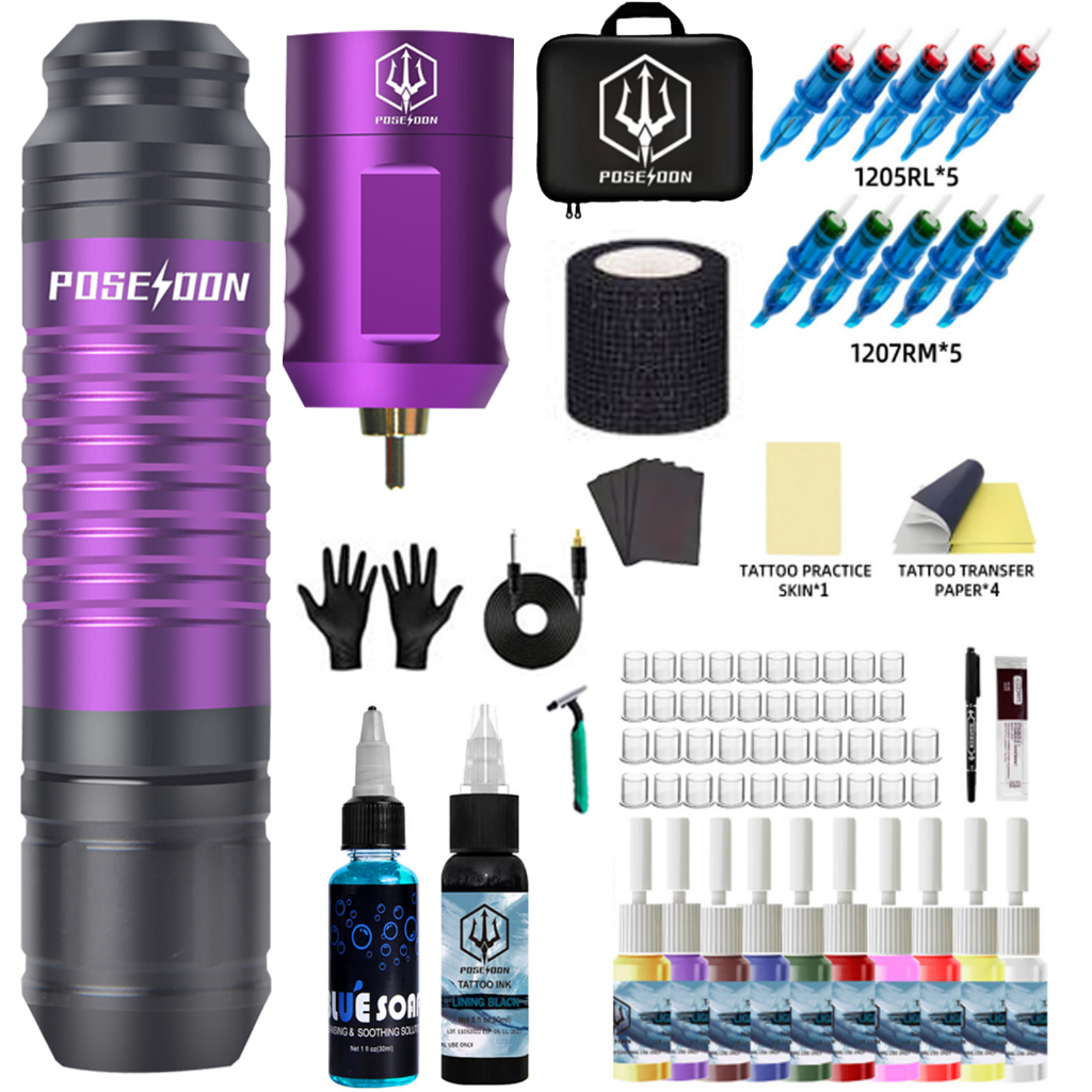 Poseidon ชุดเครื่องสักโรตารี่ พร้อมเข็มสัก และพาวเวอร์ซัพพลาย 10 ชิ้น