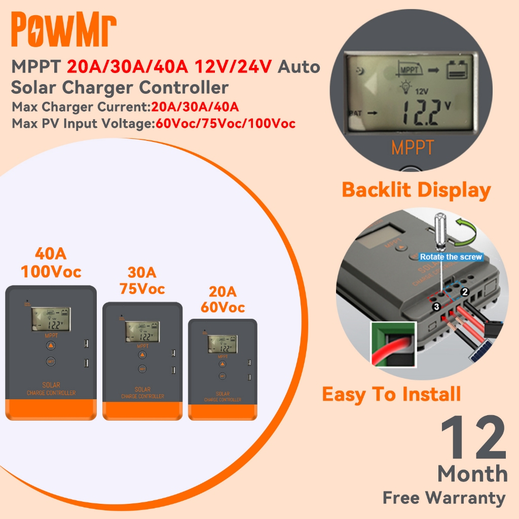Powmr MPPT 20A/30A/40A Solar Charger Controller 12V 24V รถ Solar Controller PV Max อินพุต 60Voc/100Voc จอแสดงผล LCD Backlit 2 พอร์ต USB รับประกันฟรี