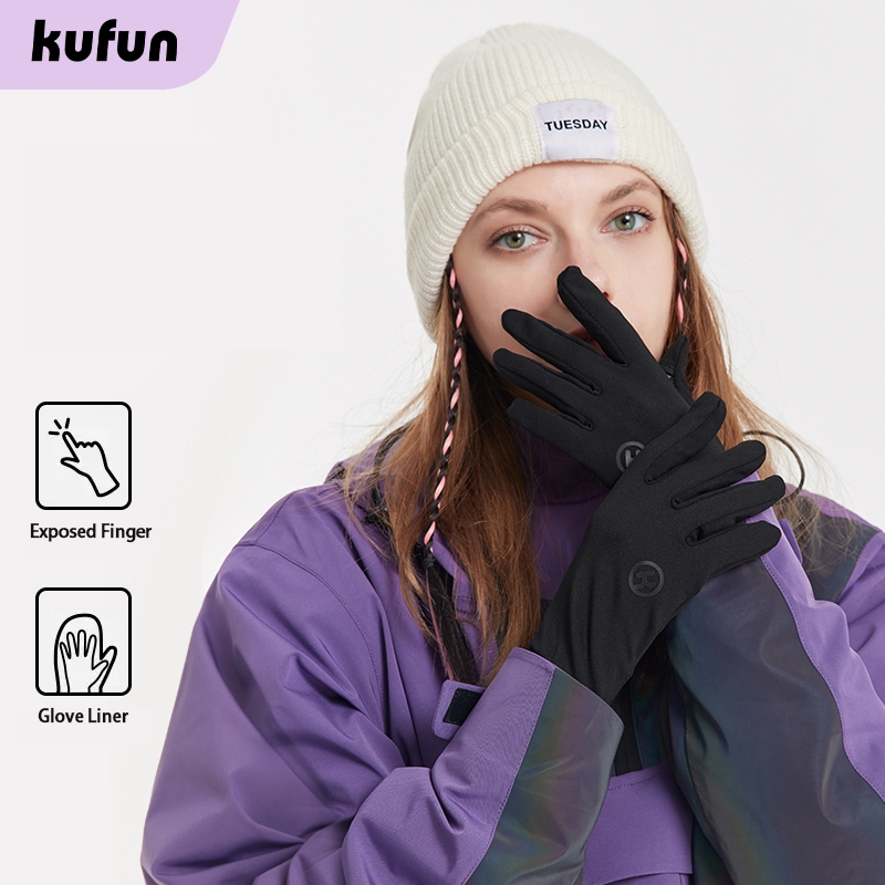Kufun ถุงมือเล่นสกี พร้อมนิ้วมือ 5 นิ้ว หน้าจอสัมผัส และฉนวนกันความร้อน ด้านในถุงมือซับใน สําหรับผู้ใหญ่ ผู้หญิง และผู้ชาย