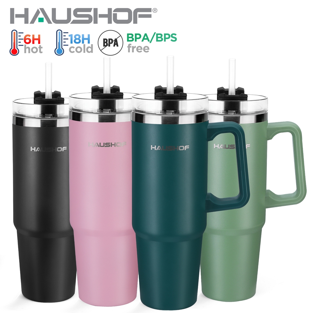 Haushof ขวดน้ําสุญญากาศ สเตนเลส มีฉนวนกันความร้อน 35 ออนซ์ 1000 มล. พร้อมที่จับ และหลอด