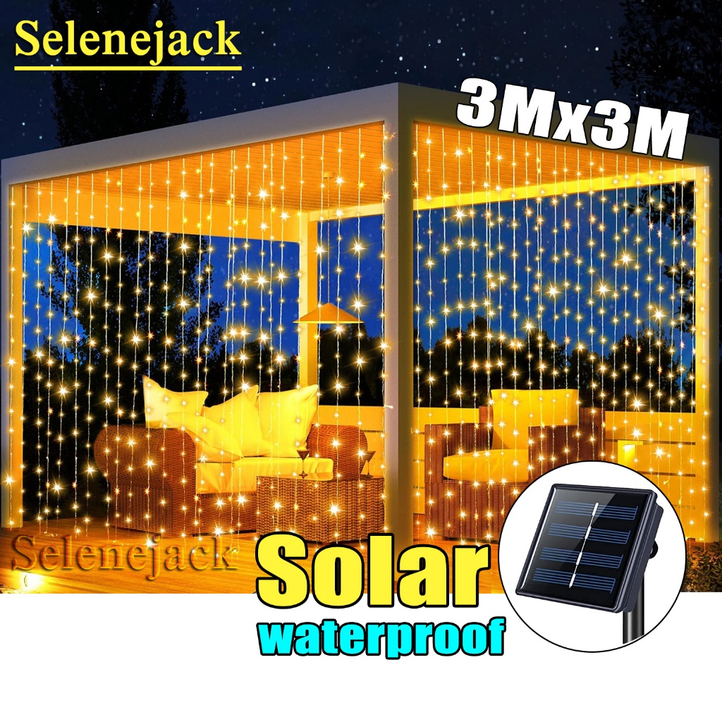 ไฟม่านพลังงานแสงอาทิตย์ 3x3 เมตร 300 Led 8 โหมด กันน้ํา สําหรับตกแต่งสวน คริสต์มาส กลางแจ้ง