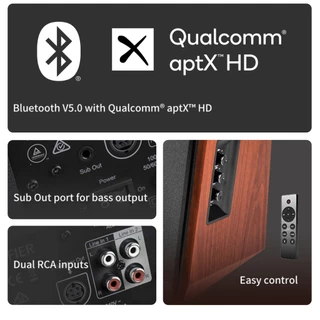 Edifier R1700BTs / R1700BT ลำโพงบลูทูธตั้งโต๊ะ, ระบบลำโพง 2.0, บลูทูธ 5.0 พร้อม Qualcomm® aptX™ HD, กำลังขับออกทั้งหมด 66W RMS, อินพุต RCA คู่, พอร์ต Sub Out, รีโมทไร้สาย