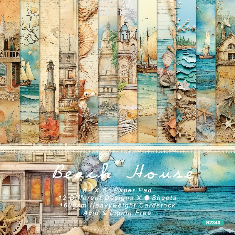 กระดาษแพ็ค 6"x6" บ้านชายหาด 12 แผ่นการ์ดกระดาษพื้นหลังศิลปะทํา DIY กระดาษสมุดภาพหัตถกรรม