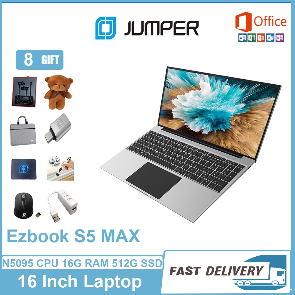 【Free Gift Set】Jumper New Ezbook S5 MAX 16 Inch Gaming Laptop Notebook 16GB RAM 512GB ROM Intel® Jasper Lake N5095 Windows 11 Home with Cooling Fan Numeric Thai Keyboard