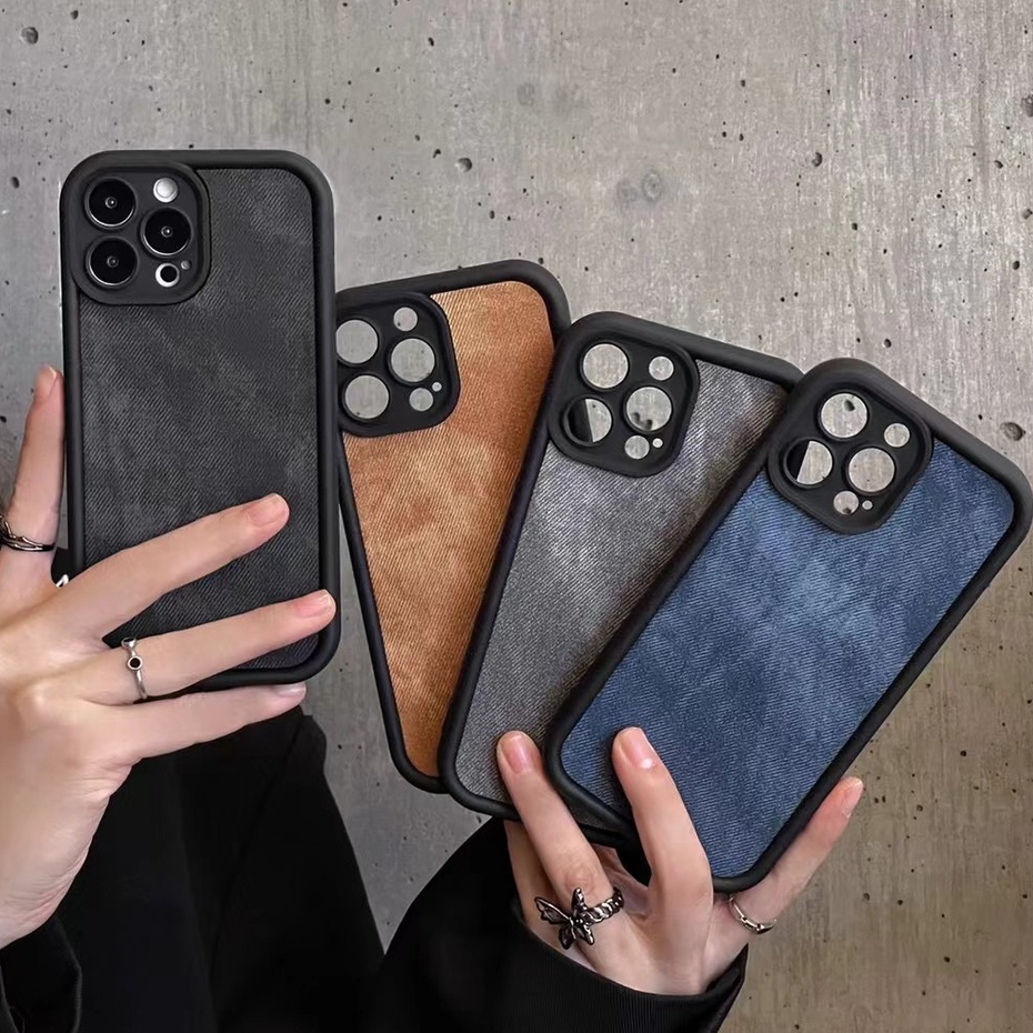 เคสโทรศัพท์มือถือหนัง ผ้ายีน กันกระแทก สีพื้น หรูหรา สําหรับ iPhone 15 14 13 12 Pro Max 14 15 Plus 11 Promax