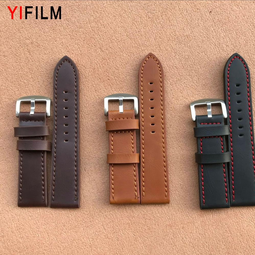 Yifilm สายนาฬิกาข้อมือหนังแท้ สีดํา สีน้ําตาล สไตล์วินเทจ 18 มม. 20 มม. 22 มม. 24 มม.