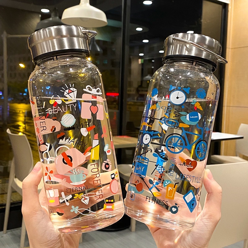 【Pretty】ขวดน้ําแก้ว ขนาดใหญ่ 700 มล. 1000 มล. ทนอุณหภูมิสูง แบบพกพา ของใช้ในครัวเรือน
