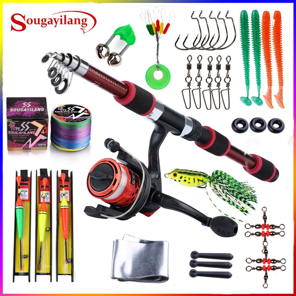 SOUGAYILANG ซูกายิลาง 1.8ม 6 ส่วนแบบพกพาปั่นคันเบ็ดรีลชุดใยแก้วยืดไสลด์สําหรับเด็ก/ผู้เริ่มต้นตกปลาครบชุด
