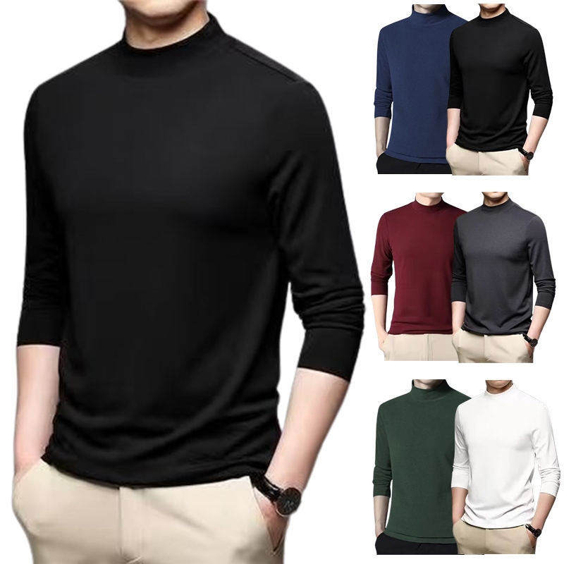 เสื้อยืดแขนยาวลําลอง คอเต่า สีพื้น แฟชั่นฤดูใบไม้ร่วง และฤดูหนาว สําหรับผู้ชาย