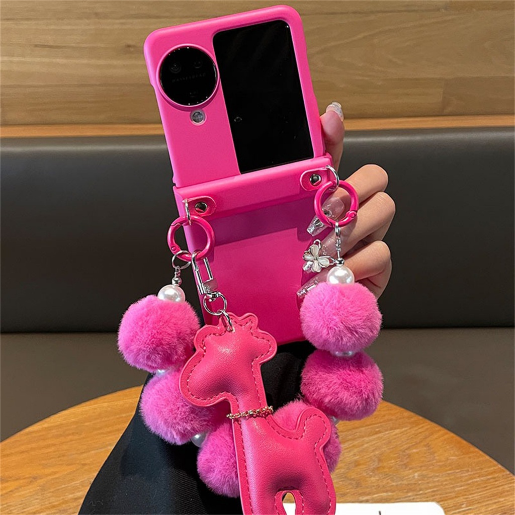 Koreancute Plush Hairball Pearl Bracelet Case with Giraffe Pendant Case for OPPO Find N2 Flip findn2