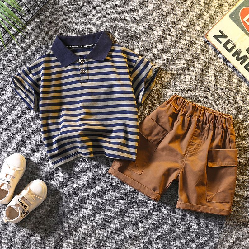เสื้อโปโลแขนสั้นลําลอง ลายทาง และกางเกงขาสั้น แฟชั่นฤดูร้อน สําหรับเด็กผู้ชาย และเด็กผู้หญิง จํานวน 2 ชิ้น