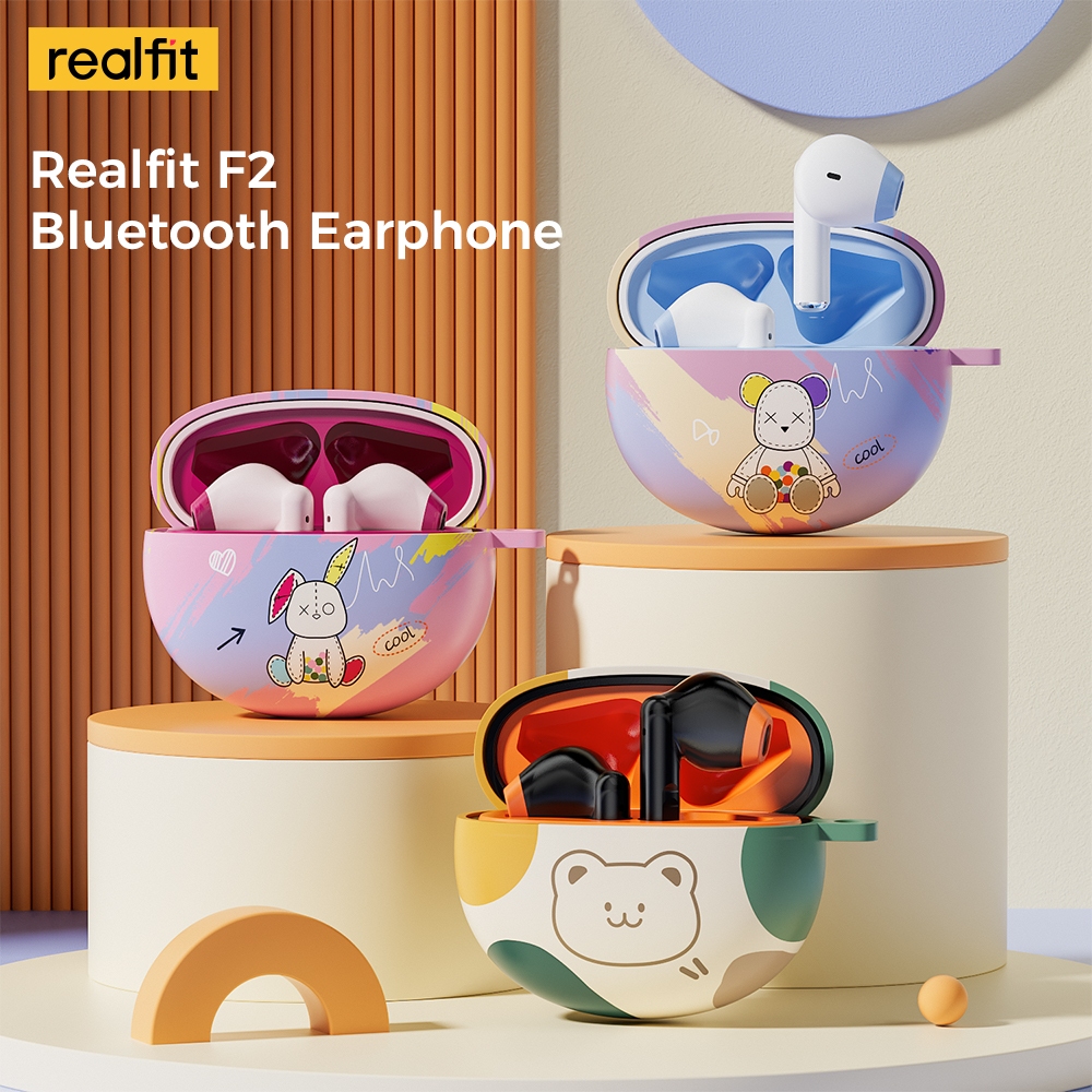 Realfit F2 TWS หูฟังบลูทูธไร้สาย ขนาดเล็ก พร้อมเคสป้องกันน่ารัก