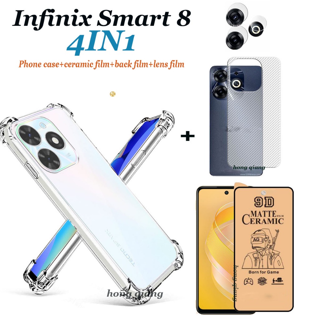 (4IN1) ฟิล์มกระจกนิรภัยเซรามิก แบบนิ่ม ฟิล์มเลนส์ ฟิล์มด้านหลัง และเคสโทรศัพท์ใส สําหรับ Infinix Smart 8 Infinix Smart 7 Infinix Smart 6 HD 6 plus