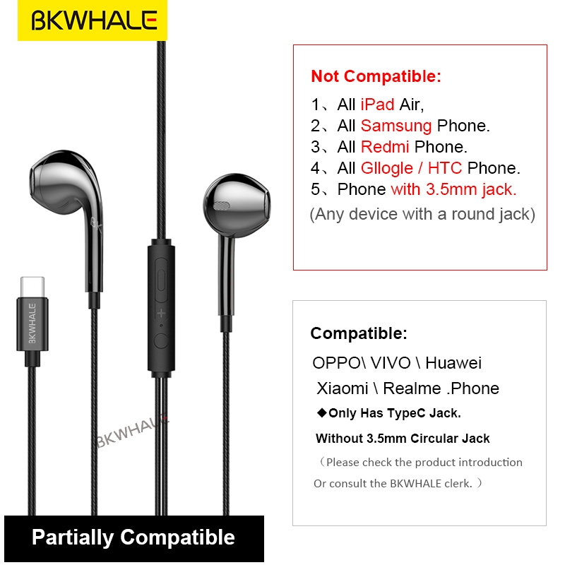 Bkwhale หูฟังสเตอริโอพร้อมไมโครโฟน 3.5 มม / Type c  สําหรับ Xiaomi vivo