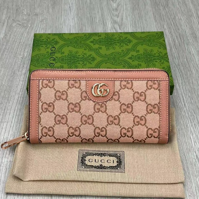 [พร้อมกล่อง + การ์ด] กระเป๋าสตางค์ใหม่ Gucci สีโรสโกลด์ Ophidia กระเป๋าสตางค์ซิปยาวผู้หญิงกระเป๋าสตางค์แบบคอนติเนนตัล
