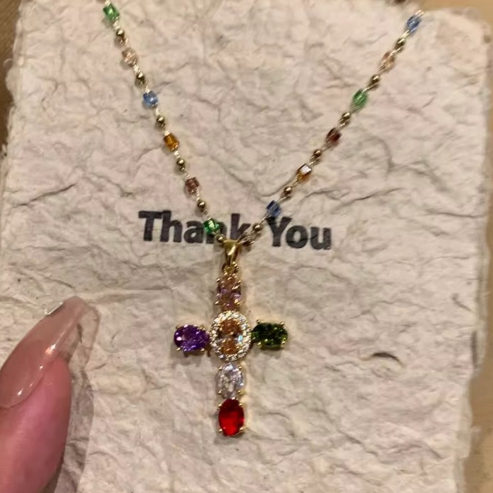 สร้อยคอโซ่ ประดับเพชร เพทาย หลากสี 40+5 ซม.