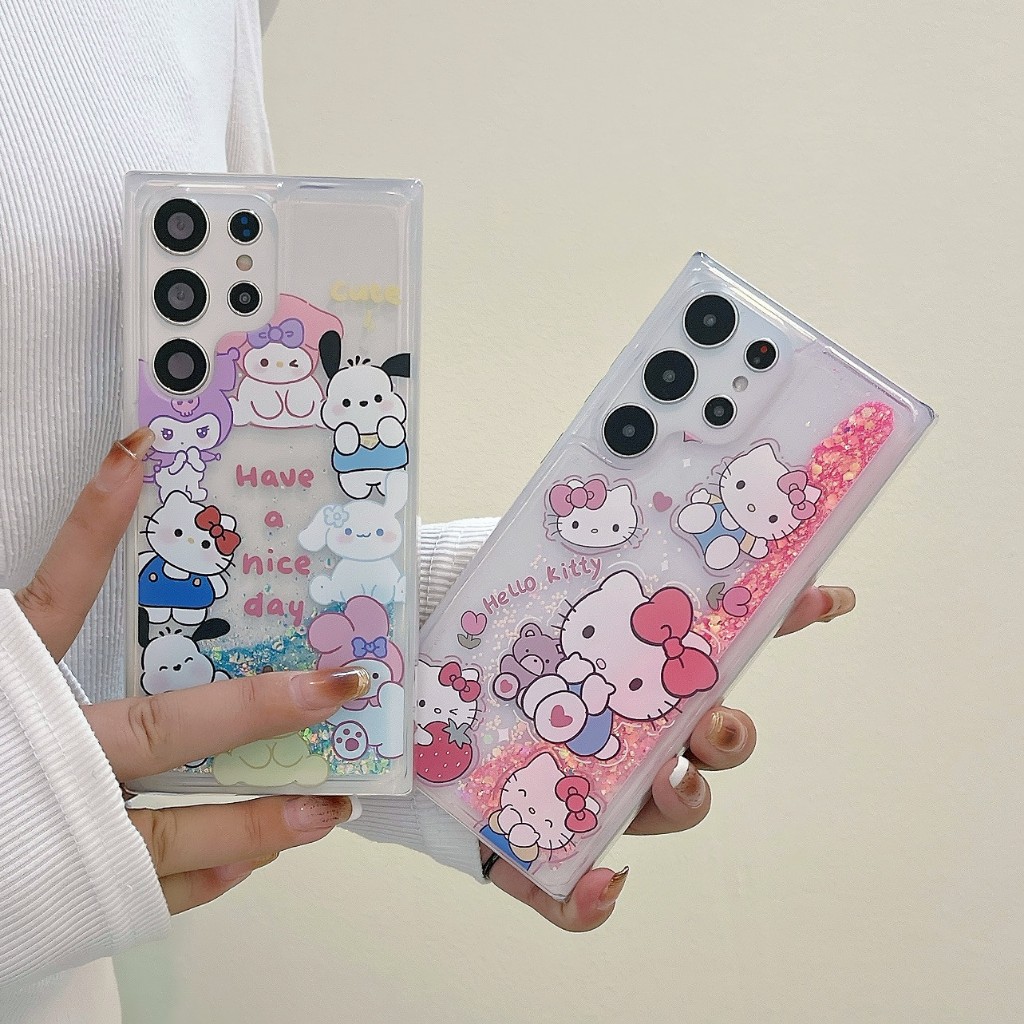 ใหม่ แสงกลางคืน ผงแฟลช ทรายดูด การ์ตูน น่ารัก Sanrio Hello Kitty เคส Samsung Galaxy S24 Ultra S23FE S23 Ultra S22 Ultra S21FE S21Ultra S20FE S21 S22 S23 S24 Plus + Case ใหม่ น่าสนใจ ทรายดูดของเหลว ป้องกันการหล่น นุ่ม เคส