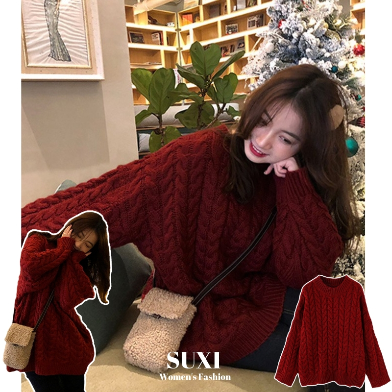 Suxi เสื้อกันหนาวคอกลมแขนยาวผ้าถักสไตล์เกาหลี