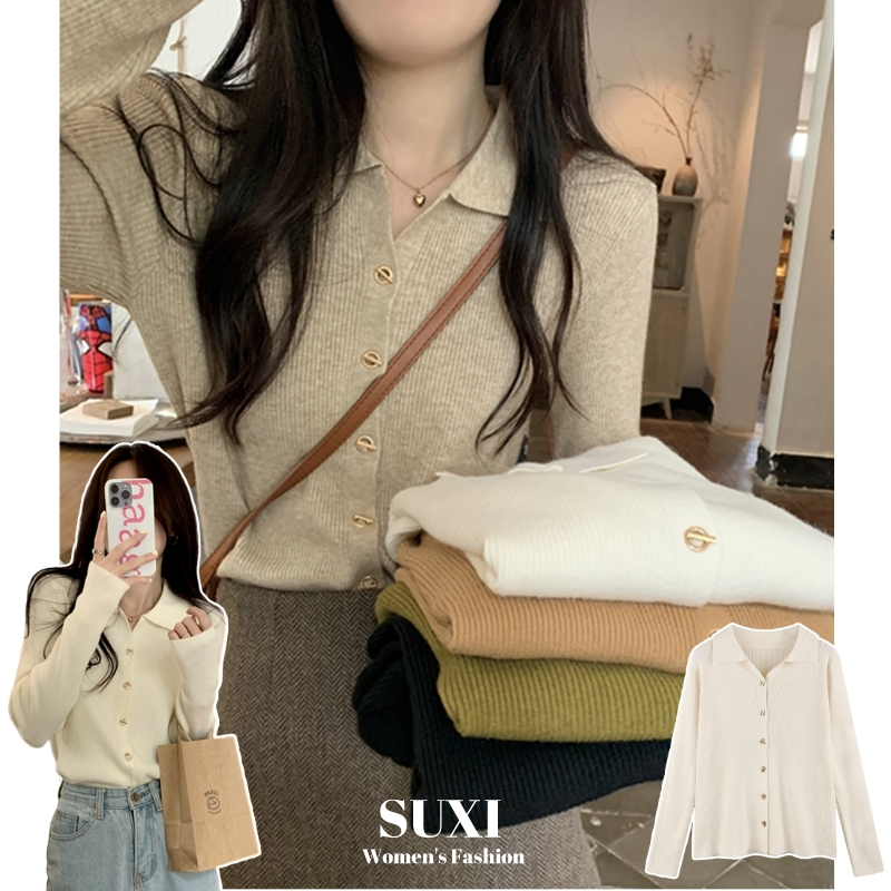 Suxi เสื้อกันหนาวแขนยาว คอปกโปโล ผ้าถัก น้ําหนักเบา แฟชั่นฤดูใบไม้ร่วง สําหรับผู้หญิง