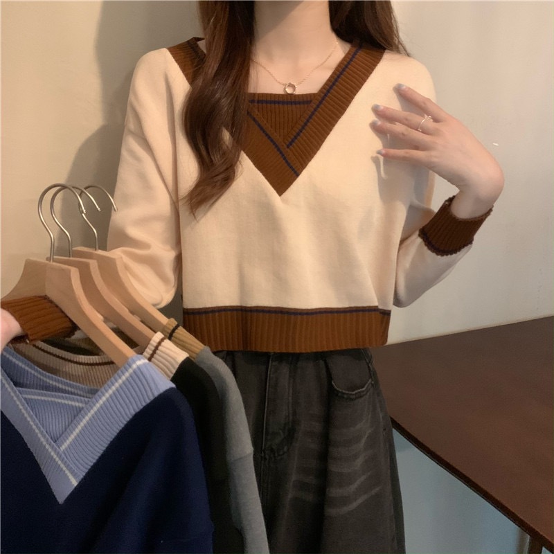 คอวีหลวมเสื้อกันหนาวแขนยาว