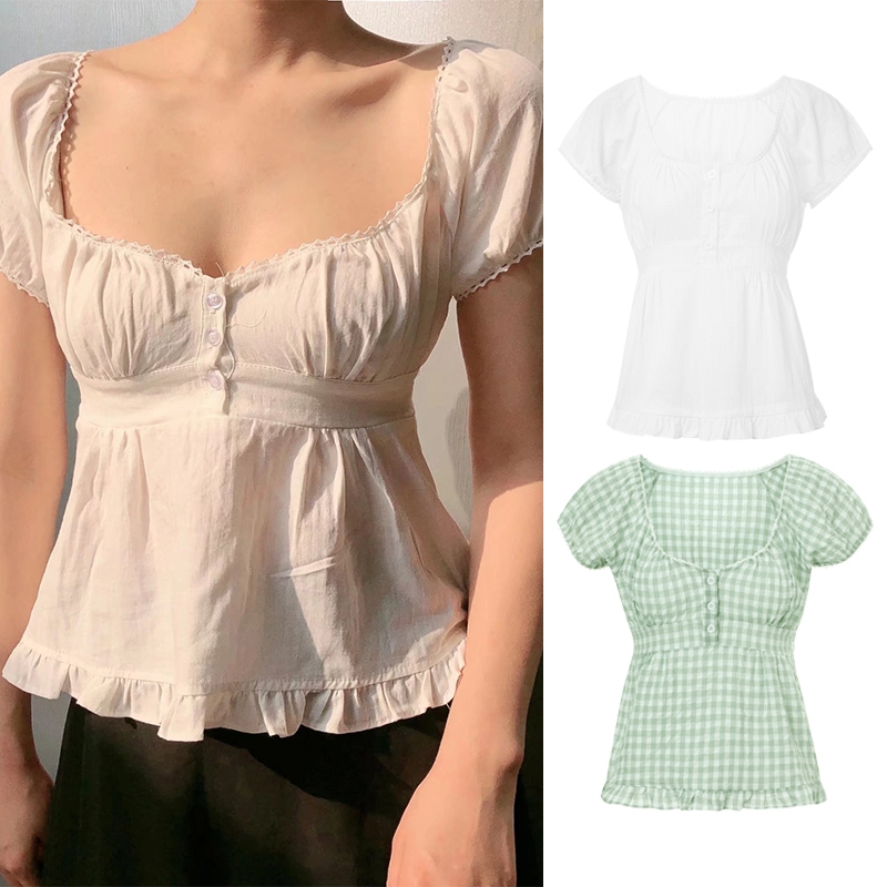(จัดส่งในกรุงเทพฯ)Pink -Women Summer Short Sleeved ผู้หญิงฤดูร้อนแขนสั้นเสื้อยืดสีทึบต่ำจีบท็อปส์ซูสบาย ๆ