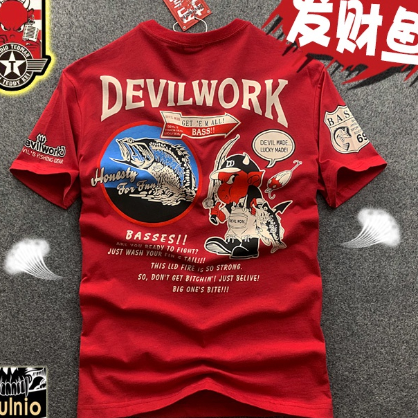 ((พร้อมส่ง ผ้าฝ้ายแท้) เสื้อยืดคอกลม แขนสั้น พิมพ์ลายการ์ตูนปีศาจ ตกปลา สไตล์ญี่ปุ่น อเมริกัน สตรีท ฮิปฮอป สําหรับผู้ชาย