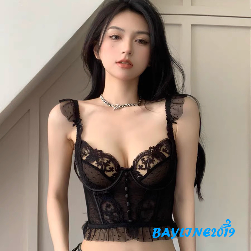 Bay-women เสื้อกล้ามซีทรู, คอวีบินแขนลูกไม้ Hem Cropped Camisole, สีดํา/ขาว