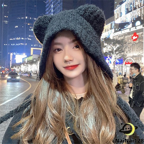 หมวกบีนนี่ ผ้าวูลถัก แต่งหูหมีน่ารัก ให้ความอบอุ่น สไตล์เกาหลี แฟชั่นฤดูหนาว สําหรับผู้หญิง beanie【NaiNai 128】