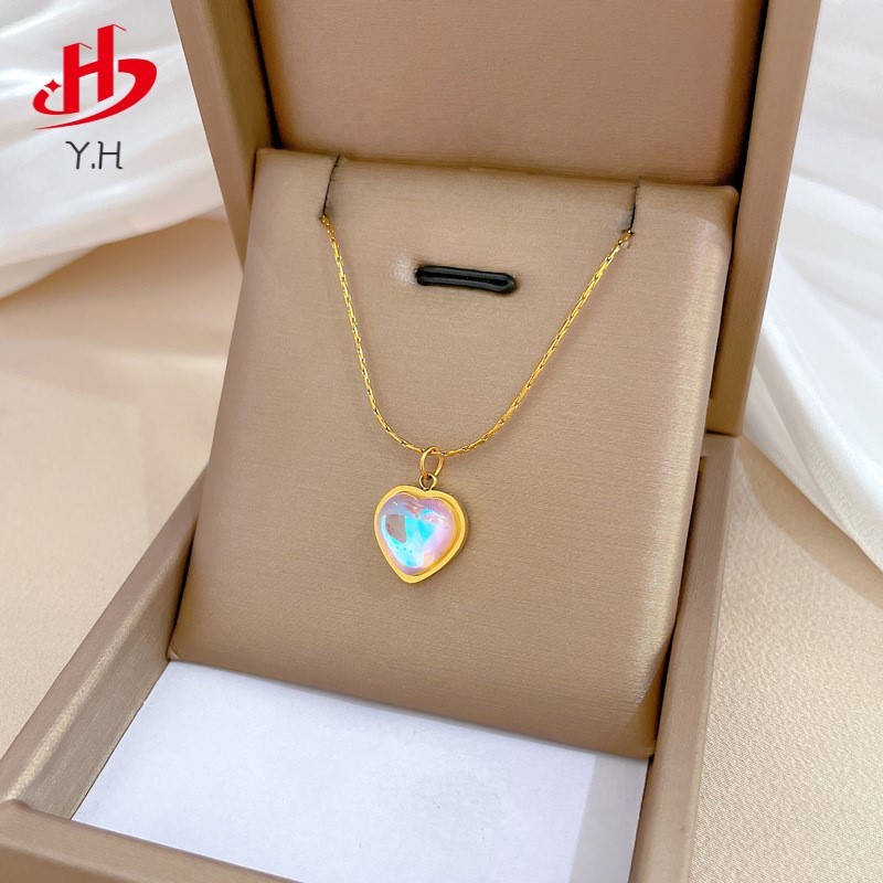 Y.H 316L รูปหัวใจ สีฉูดฉาด อัญมณีขนาดใหญ่ สีทอง 18K สร้อยคอสแตนเลส