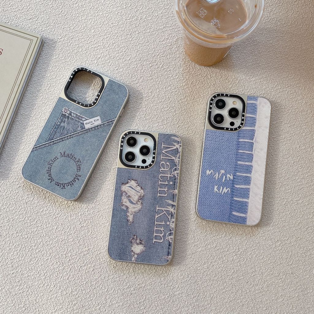 Matin Kim,Destroyed Denim CT กระจก Electroplated ฝาครอบเงินสําหรับ iphone11 12 13 14 15 16 promax เคสป้องกัน