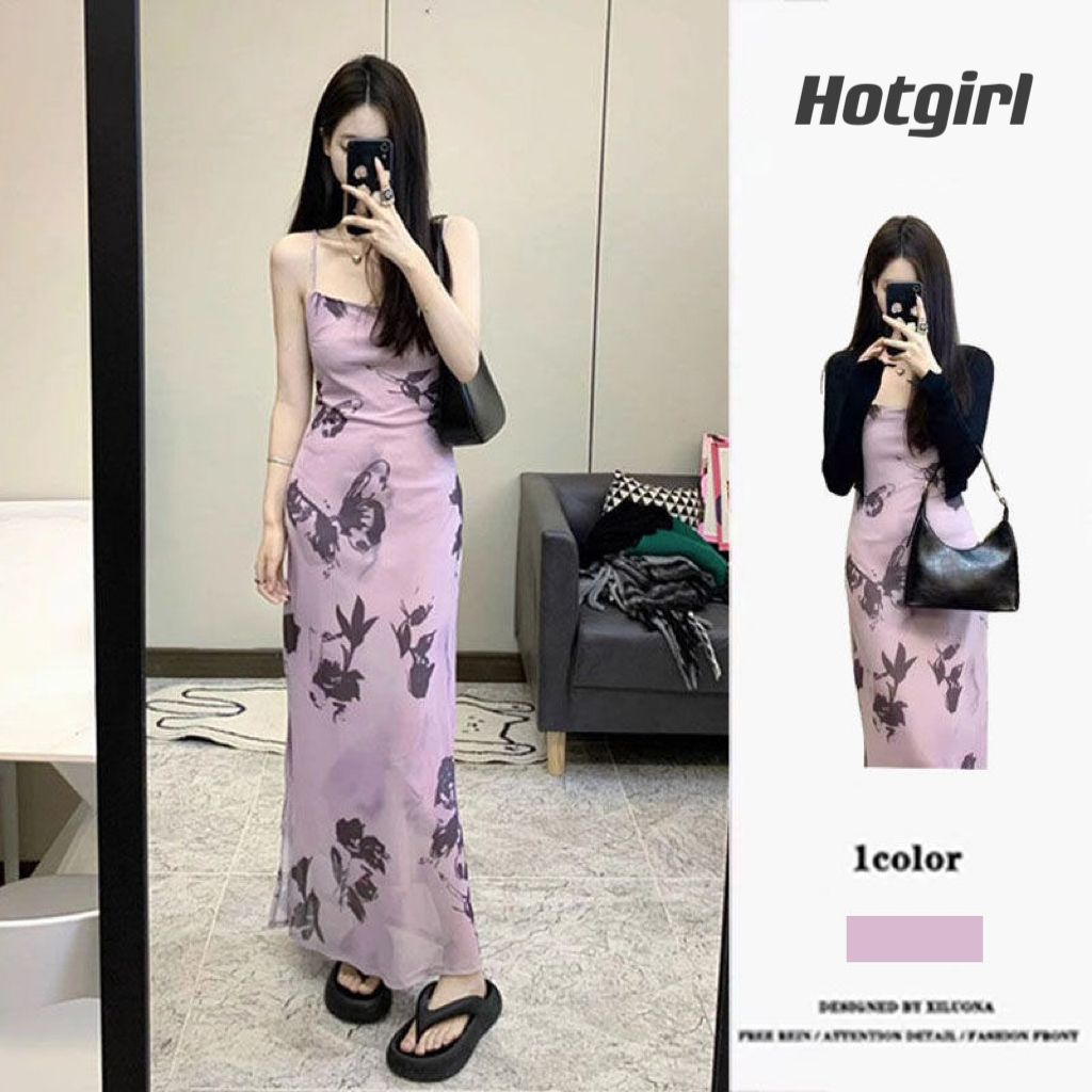 Hotgirl พร้อมส่งจากกทม สีม่วงเดรสยาว ชุดเดรสย้อนยุคเซ็กซี่สไตล์เกาหลี เหมาะสำหรับการพักผ่อนริมทะเล