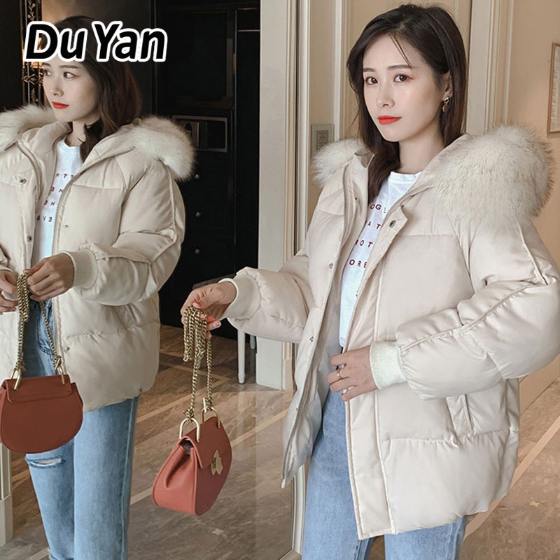 Du Yan เสื้อโค้ทแจ็กเก็ต ผ้าฝ้าย บุขนเฟอร์ ขนาดใหญ่ ทรงหลวม สําหรับผู้หญิง