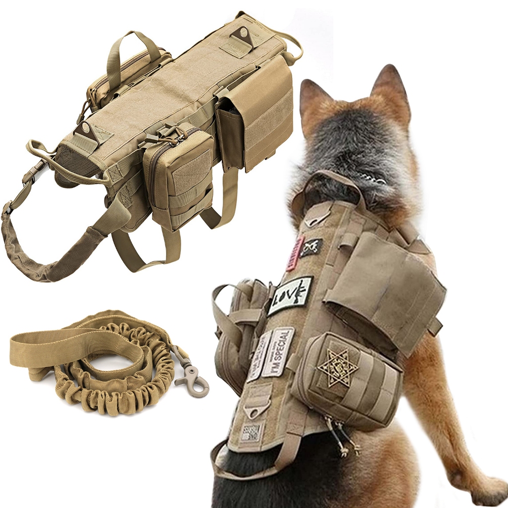 สายรัดสุนัขขนาดใหญ่พร้อมกระเป๋าเสื้อกั๊ก Molle K9 ไม่มีดึงจับเยอรมัน Shepherd การฝึกอบรมสายรัดยุทธวิธีสําหรับสุนัข