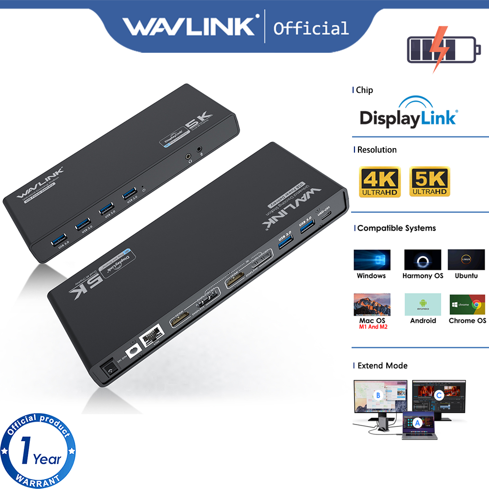 Wavlink แท่นวาง 4K 5K พร้อมชิป Displaylink เอาท์พุต จอแสดงผลคู่ 65W รองรับแล็ปท็อปส่วนใหญ่