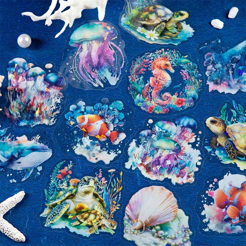 10 ชิ้น Holographic Glitter แมงกะพรุน Ocean Life สติกเกอร์โปร่งใสสัตว์ทะเลสติกเกอร์สําหรับ Junk Journal Scrapbooking อุปกรณ์